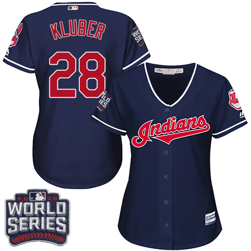 Indians #28 Corey Kluber Navy Blue 2016 World Series Bound Women's Alternate Stitched MLB Jersey
